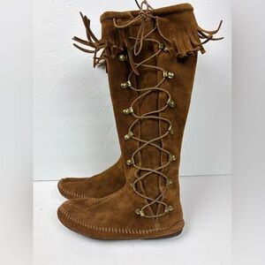 Vintage Minnetonka Brown Suede Fringe Knee-High Boots Moccasins Womens size 6